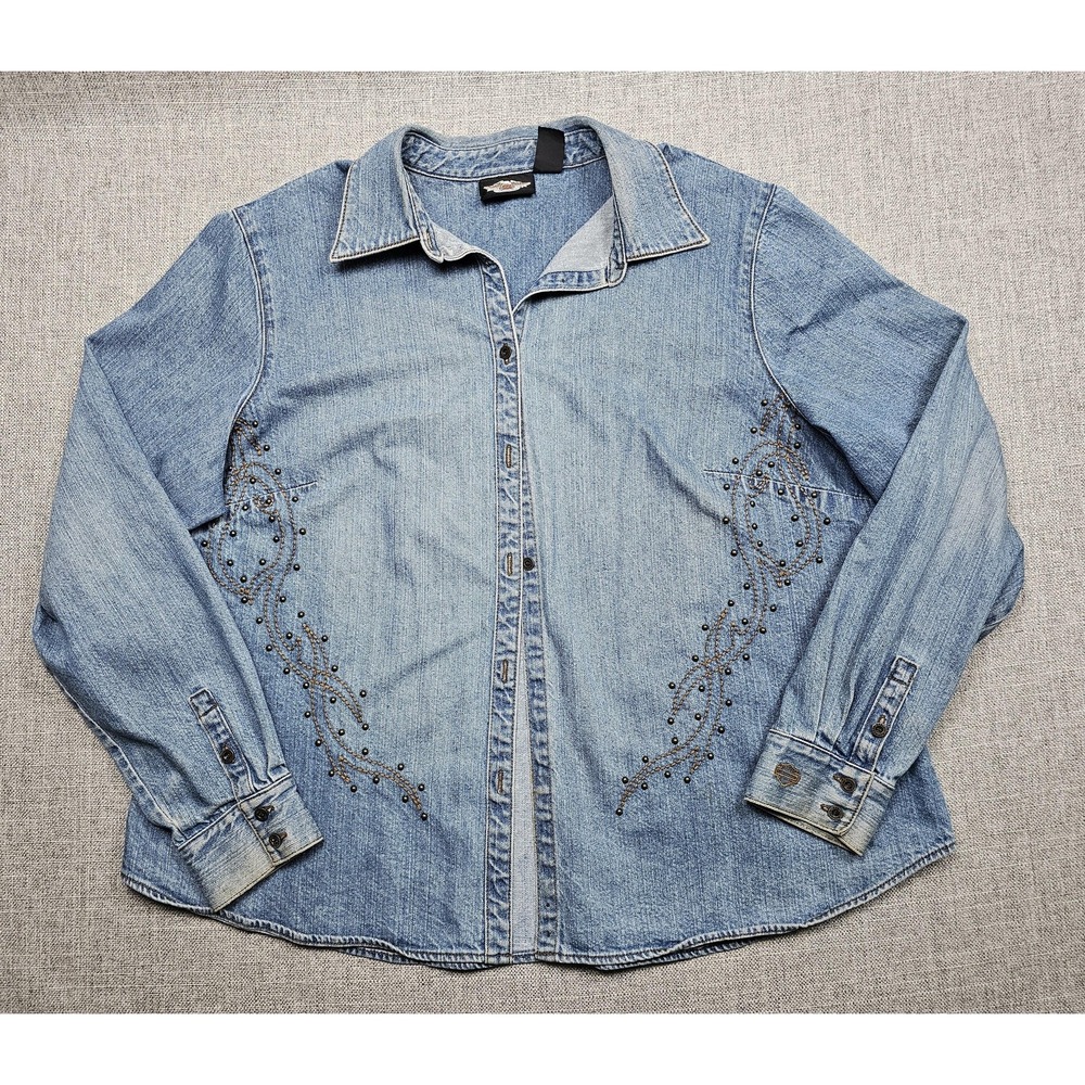 Harley Davidson Shirt Womens 2W Blue Denim Studded Embroidered Western Button Up